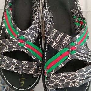 Stylish Black Sandals with Red and Green Straps